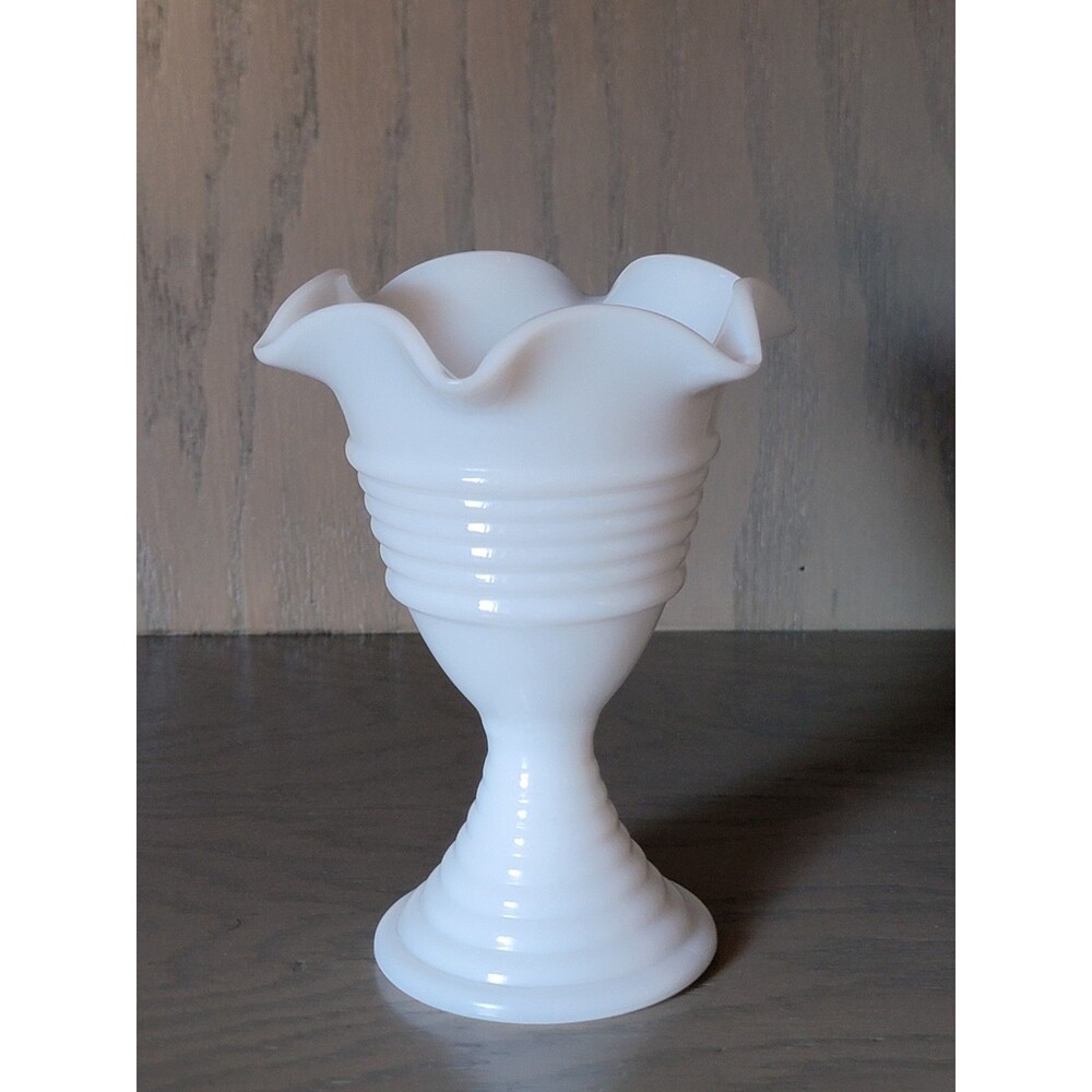 Antique Schram Milk Glass Vase Ruffled Edge Flower Ribbed Design Vintage VTG